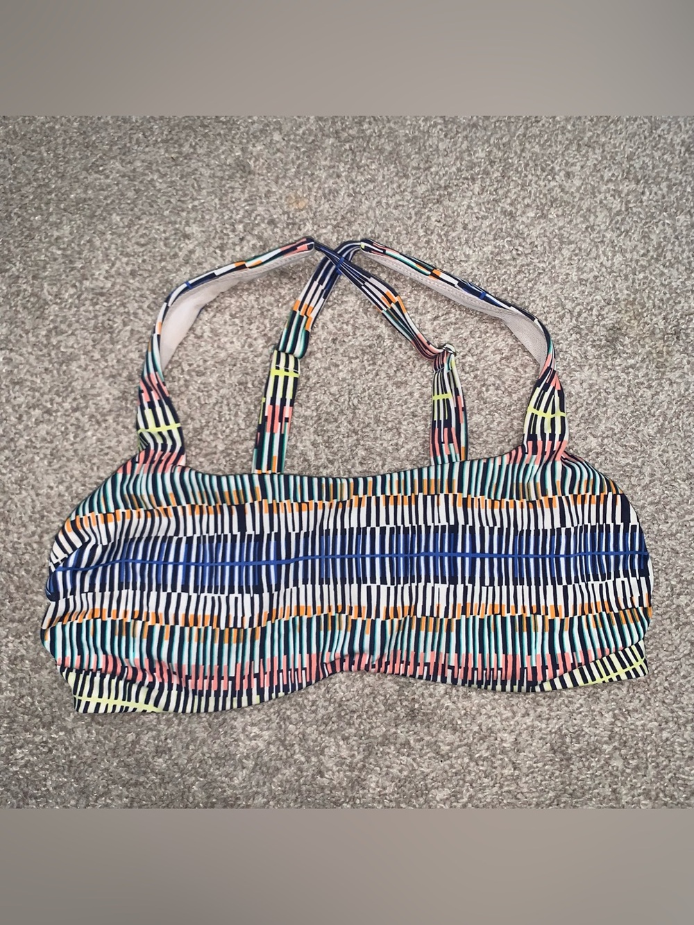 Athleta Navy Multicolor Striped Sports Bra with Coral and Teal Accents